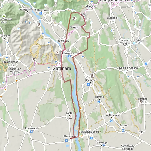 Kartminiatyr av "Maggiora - Romagnano Sesia - Ghislarengo - Colle San Lorenzo - Prato Sesia - Montalbano - Marello" cykelinspiration i Piemonte, Italy. Genererad av Tarmacs.app cykelruttplanerare