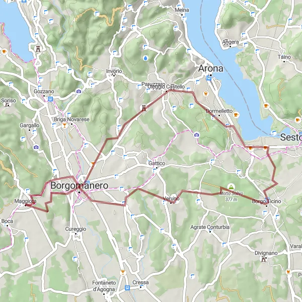 Miniatua del mapa de inspiración ciclista "Ruta de ciclismo de grava por Borgomanero, Colle San Michele, Borgo Ticino, Motto Solivo y Maggiora" en Piemonte, Italy. Generado por Tarmacs.app planificador de rutas ciclistas