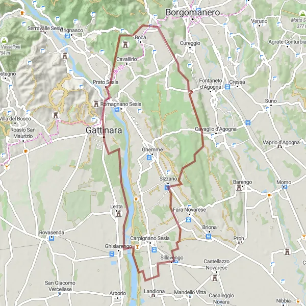 Miniatua del mapa de inspiración ciclista "Ruta de ciclismo de grava por los alrededores de Maggiora" en Piemonte, Italy. Generado por Tarmacs.app planificador de rutas ciclistas