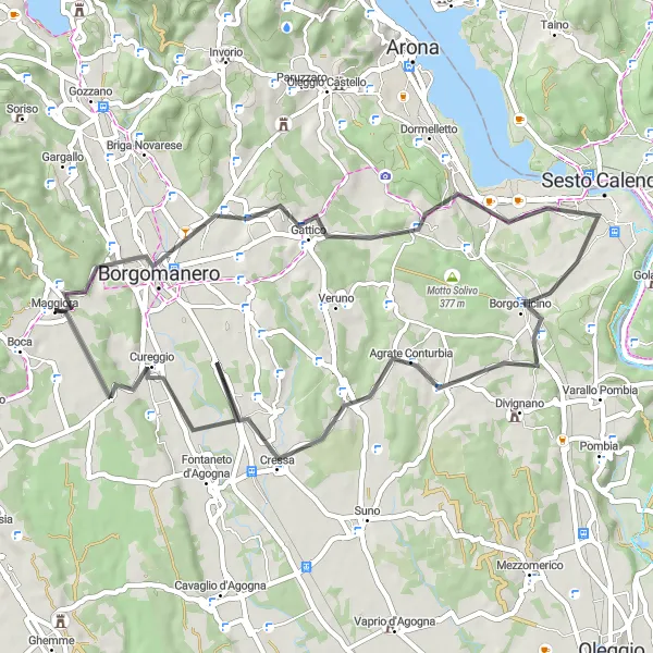Miniatua del mapa de inspiración ciclista "Ruta de ciclismo en carretera cerca de Maggiora" en Piemonte, Italy. Generado por Tarmacs.app planificador de rutas ciclistas