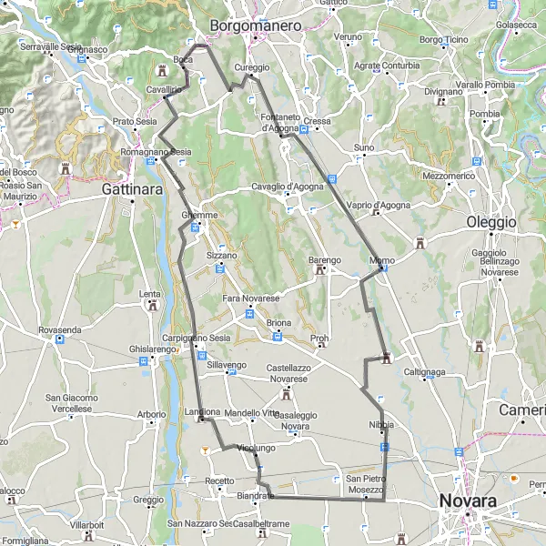 Miniatua del mapa de inspiración ciclista "Ruta de ciclismo de carretera por Fontaneto d'Agogna, Nibbia, Carpignano Sesia, Ghemme y Cavallirio" en Piemonte, Italy. Generado por Tarmacs.app planificador de rutas ciclistas