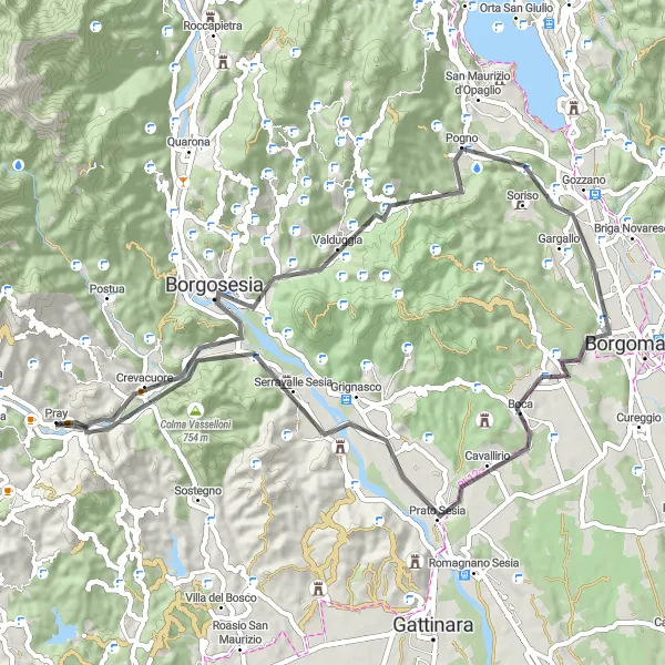 Karttaminiaatyyri "Mahtava Maggiora ja ympäristön koettelemat tiet" pyöräilyinspiraatiosta alueella Piemonte, Italy. Luotu Tarmacs.app pyöräilyreittisuunnittelijalla