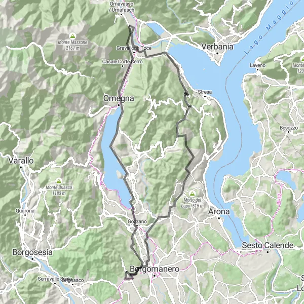 Zemljevid v pomanjšavi "Kolesarska avantura okoli Maggiore - Cesta" kolesarske inspiracije v Piemonte, Italy. Generirano z načrtovalcem kolesarskih poti Tarmacs.app
