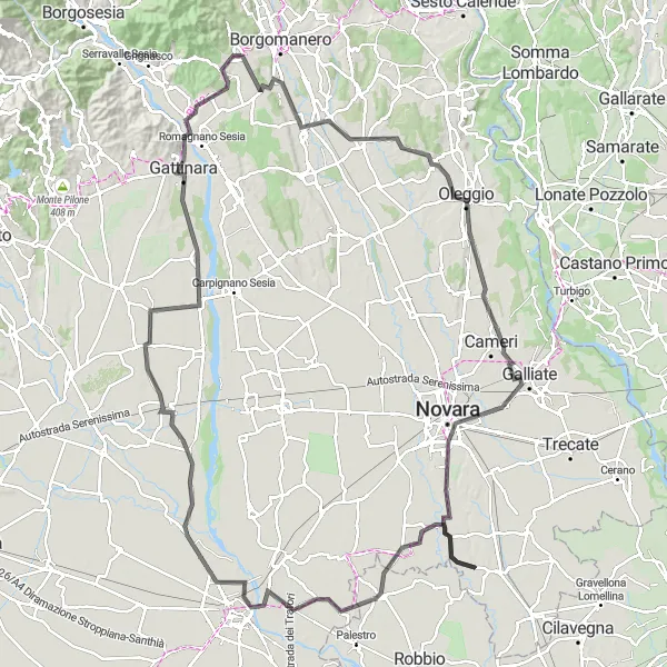Map miniature of "Novara and Vercelli Discovery" cycling inspiration in Piemonte, Italy. Generated by Tarmacs.app cycling route planner