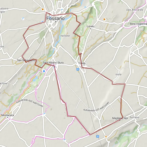 Miniaturekort af cykelinspirationen "Grusvej cykelrute til Sant'Albano Stura" i Piemonte, Italy. Genereret af Tarmacs.app cykelruteplanlægger