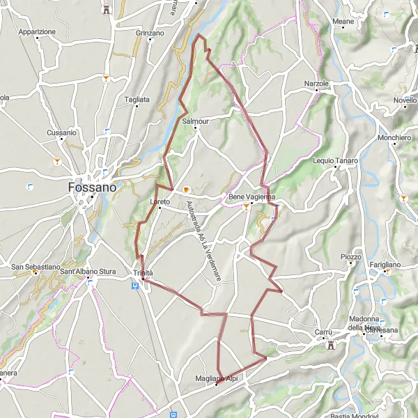 Miniatura mapy "Pogrzbove podjazdy do Magliano Alpi" - trasy rowerowej w Piemonte, Italy. Wygenerowane przez planer tras rowerowych Tarmacs.app