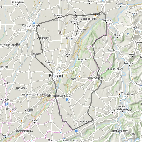 Miniatura della mappa di ispirazione al ciclismo "Giro in bicicletta da Magliano Alpi a Bene Vagienna" nella regione di Piemonte, Italy. Generata da Tarmacs.app, pianificatore di rotte ciclistiche