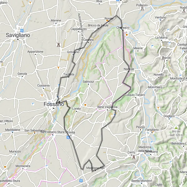 Kartminiatyr av "Natur- og kulturopplevelser rundt Magliano Alpi" sykkelinspirasjon i Piemonte, Italy. Generert av Tarmacs.app sykkelrutoplanlegger