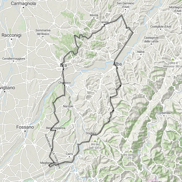 Miniatua del mapa de inspiración ciclista "Desafiante circuito de 130 km en bicicleta desde Magliano Alpi" en Piemonte, Italy. Generado por Tarmacs.app planificador de rutas ciclistas