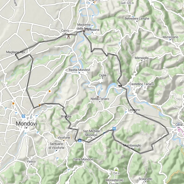 Kartminiatyr av "Oppdag landsbygdens skjønnhet på vei tilbake til Magliano Alpi" sykkelinspirasjon i Piemonte, Italy. Generert av Tarmacs.app sykkelrutoplanlegger
