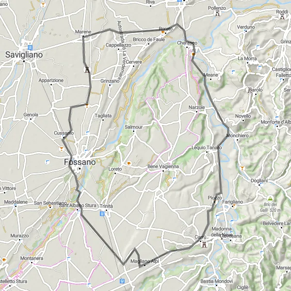 Miniature de la carte de l'inspiration cycliste "Tour des châteaux autour de Magliano Alpi" dans la Piemonte, Italy. Générée par le planificateur d'itinéraire cycliste Tarmacs.app