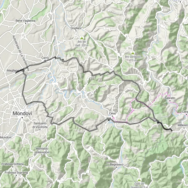 Miniaturekort af cykelinspirationen "En udfordrende tur gennem Piemontes bjerge: Clavesana til Magliano Alpi" i Piemonte, Italy. Genereret af Tarmacs.app cykelruteplanlægger