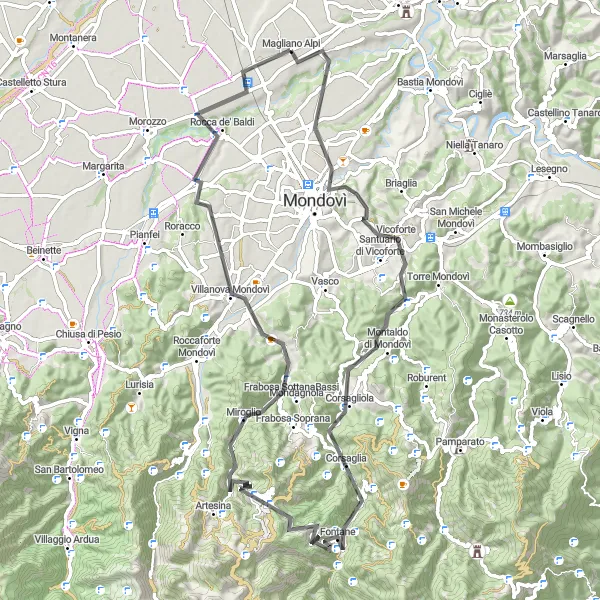 Karttaminiaatyyri "Maantiekiertue Vicoforten kautta" pyöräilyinspiraatiosta alueella Piemonte, Italy. Luotu Tarmacs.app pyöräilyreittisuunnittelijalla
