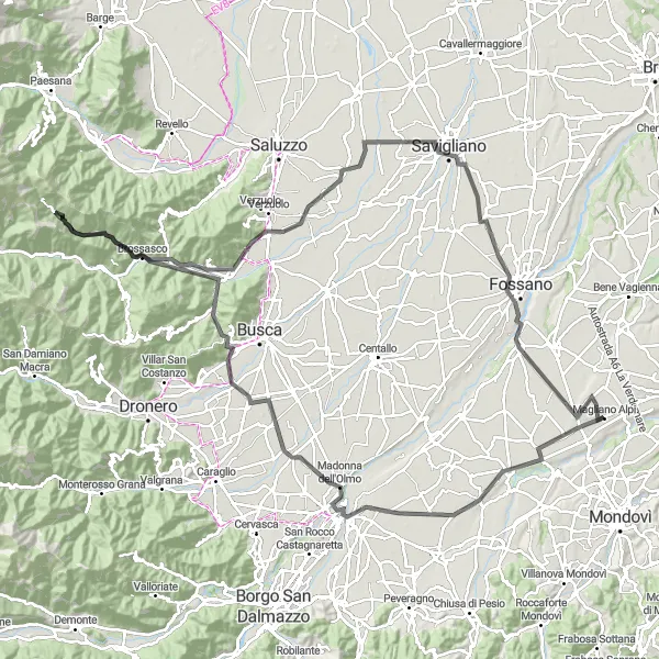 Map miniature of "Strada delle Langhe e del Roero" cycling inspiration in Piemonte, Italy. Generated by Tarmacs.app cycling route planner