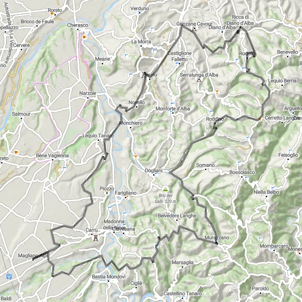 Miniaturní mapa "Kulturní a historický výlet kolem Magliano Alpi" inspirace pro cyklisty v oblasti Piemonte, Italy. Vytvořeno pomocí plánovače tras Tarmacs.app