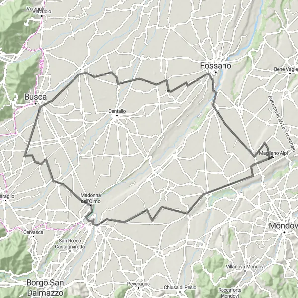 Miniatua del mapa de inspiración ciclista "Ruta de ciclismo de 85 km cerca de Magliano Alpi" en Piemonte, Italy. Generado por Tarmacs.app planificador de rutas ciclistas