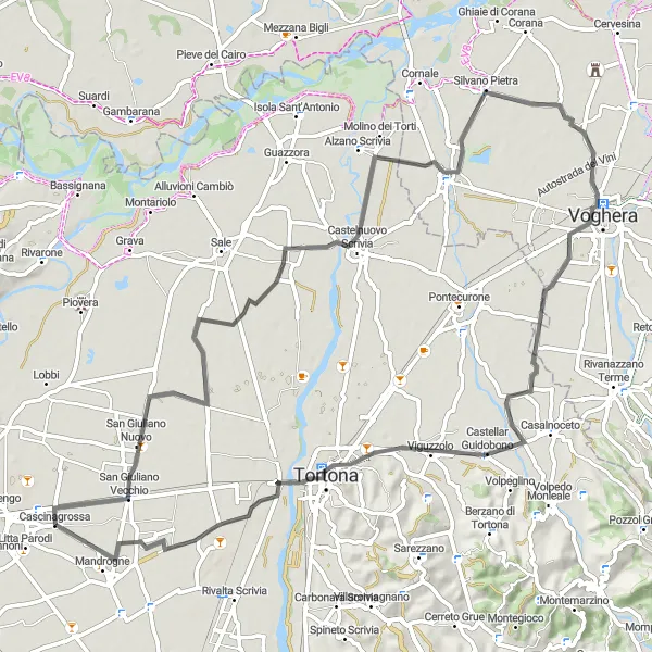 Miniatua del mapa de inspiración ciclista "Ruta de Carretera de Mandrogne a Tortona" en Piemonte, Italy. Generado por Tarmacs.app planificador de rutas ciclistas