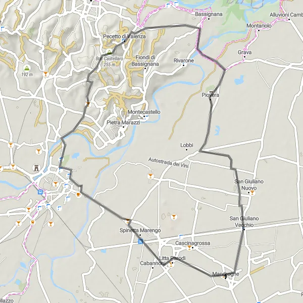 Mapa miniatúra "Cyklistická trasa okolo Mandrogne" cyklistická inšpirácia v Piemonte, Italy. Vygenerované cyklistickým plánovačom trás Tarmacs.app