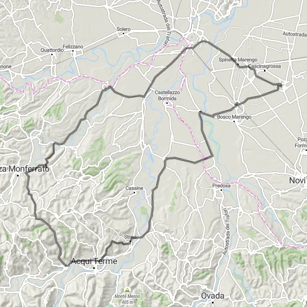 Miniatua del mapa de inspiración ciclista "Ruta de ciclismo de carretera de Mandrogne a Cantalupo" en Piemonte, Italy. Generado por Tarmacs.app planificador de rutas ciclistas