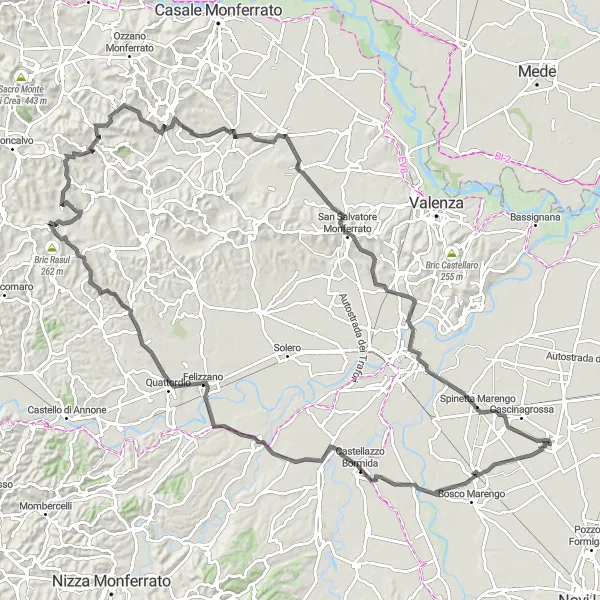 Miniatua del mapa de inspiración ciclista "Ruta de Montemagno y Mirabello Monferrato" en Piemonte, Italy. Generado por Tarmacs.app planificador de rutas ciclistas