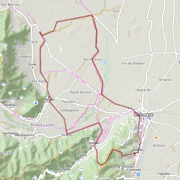 Miniaturní mapa "Gravelový okruh Castellar" inspirace pro cyklisty v oblasti Piemonte, Italy. Vytvořeno pomocí plánovače tras Tarmacs.app