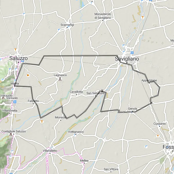 Map miniature of "Road Route near Manta" cycling inspiration in Piemonte, Italy. Generated by Tarmacs.app cycling route planner