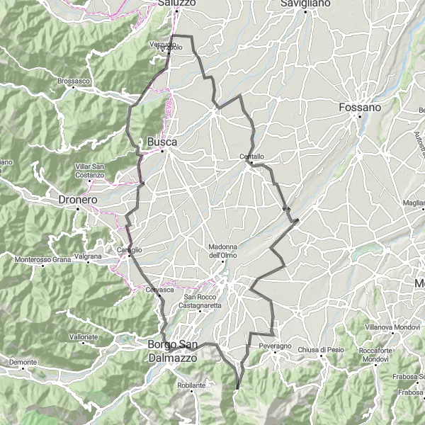 Miniatuurkaart van de fietsinspiratie "Panoramische rit rondom Manta" in Piemonte, Italy. Gemaakt door de Tarmacs.app fietsrouteplanner