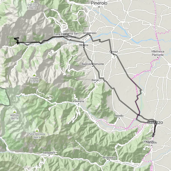 Miniatura della mappa di ispirazione al ciclismo "Giro in bicicletta da Manta" nella regione di Piemonte, Italy. Generata da Tarmacs.app, pianificatore di rotte ciclistiche