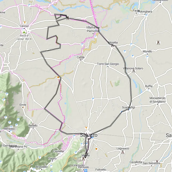 Miniatuurkaart van de fietsinspiratie "Rondrit van Manta naar Villafranca Piemonte" in Piemonte, Italy. Gemaakt door de Tarmacs.app fietsrouteplanner