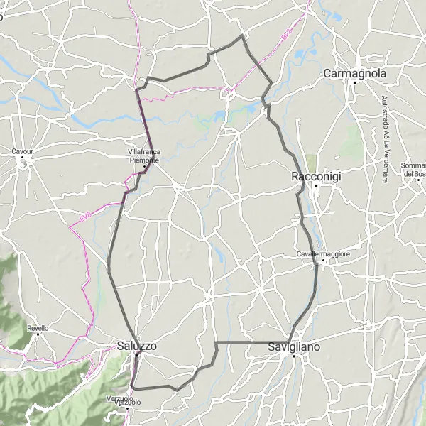 Miniaturní mapa "Trasa kolem Manta a okolí" inspirace pro cyklisty v oblasti Piemonte, Italy. Vytvořeno pomocí plánovače tras Tarmacs.app