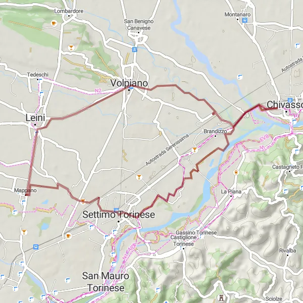 Miniatuurkaart van de fietsinspiratie "Gravelroute naar Volpiano" in Piemonte, Italy. Gemaakt door de Tarmacs.app fietsrouteplanner