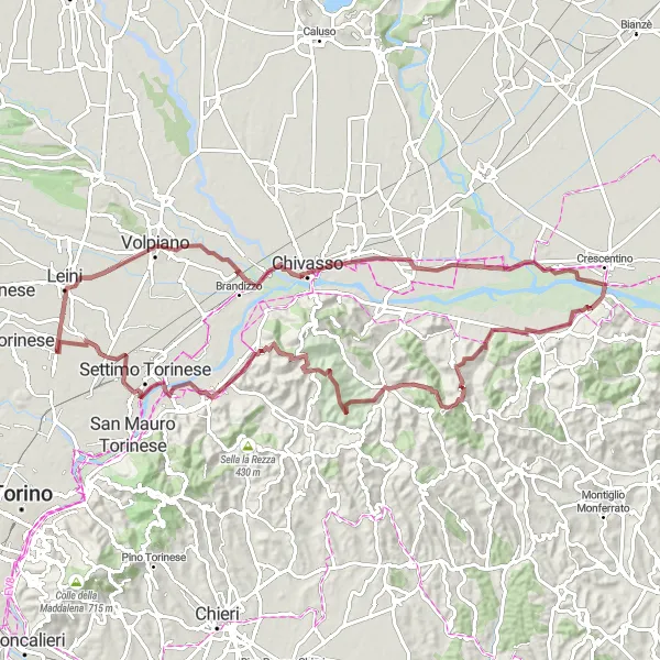 Kartminiatyr av "Grusrunda till Volpiano och Monteu da Po" cykelinspiration i Piemonte, Italy. Genererad av Tarmacs.app cykelruttplanerare