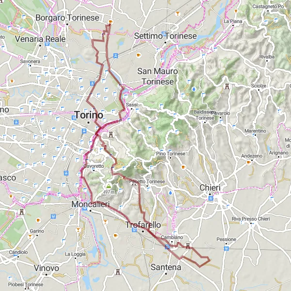 Karten-Miniaturansicht der Radinspiration "Offroad-Abenteuer von Borgo Po nach Villaretto" in Piemonte, Italy. Erstellt vom Tarmacs.app-Routenplaner für Radtouren