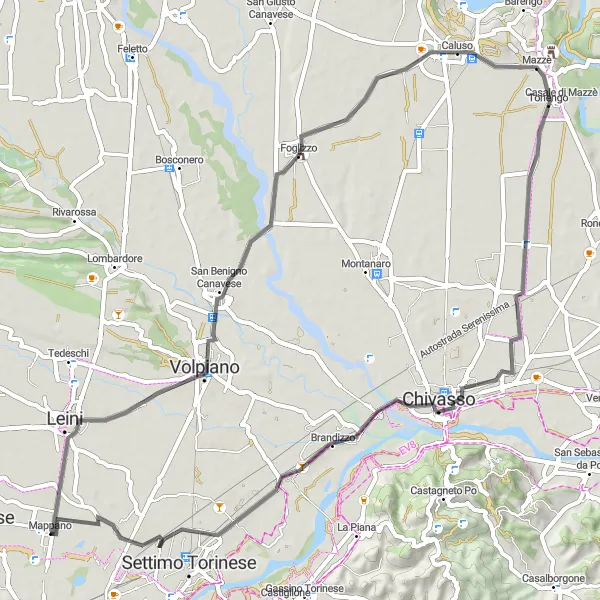 Miniaturní mapa "Rychlá trasa přes Volpiano a Foglizzo" inspirace pro cyklisty v oblasti Piemonte, Italy. Vytvořeno pomocí plánovače tras Tarmacs.app