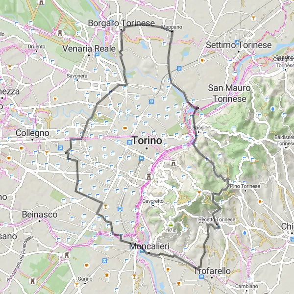 Miniatua del mapa de inspiración ciclista "Ruta de ciclismo en carretera alrededor de Mappano" en Piemonte, Italy. Generado por Tarmacs.app planificador de rutas ciclistas