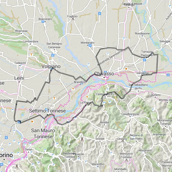 Miniatura della mappa di ispirazione al ciclismo "Giro in bicicletta tra Volpiano e Castiglione Torinese" nella regione di Piemonte, Italy. Generata da Tarmacs.app, pianificatore di rotte ciclistiche