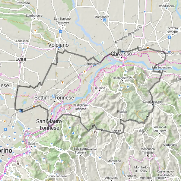 Miniatura della mappa di ispirazione al ciclismo "Road da Mappano a Villaggio Olimpia" nella regione di Piemonte, Italy. Generata da Tarmacs.app, pianificatore di rotte ciclistiche