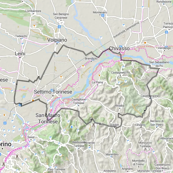 Kartminiatyr av "San Sebastiano da Po och Sambuy cykeltur" cykelinspiration i Piemonte, Italy. Genererad av Tarmacs.app cykelruttplanerare