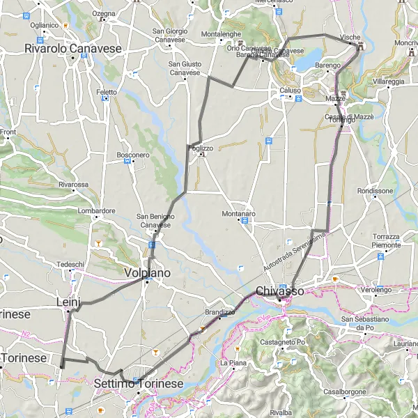 Mapa miniatúra "Cyclomarathon Od Volpiana do Settimo Torinese" cyklistická inšpirácia v Piemonte, Italy. Vygenerované cyklistickým plánovačom trás Tarmacs.app