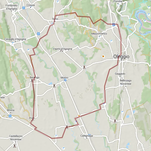 Miniatura della mappa di ispirazione al ciclismo "Percorso in Gravel da Marano Ticino via Sologno e Barengo" nella regione di Piemonte, Italy. Generata da Tarmacs.app, pianificatore di rotte ciclistiche