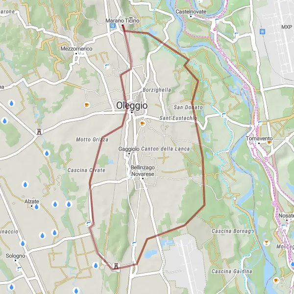 Map miniature of "Gravel Adventure through Marano Ticino and Oleggio" cycling inspiration in Piemonte, Italy. Generated by Tarmacs.app cycling route planner