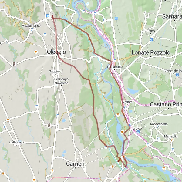 Kartminiatyr av "Grusvei runde fra Marano Ticino" sykkelinspirasjon i Piemonte, Italy. Generert av Tarmacs.app sykkelrutoplanlegger