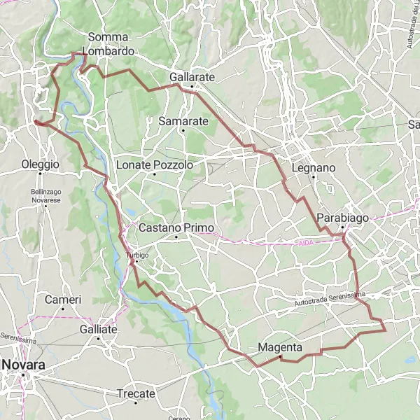 Miniatua del mapa de inspiración ciclista "Ruta de Grava de Marano Ticino a Tornavento" en Piemonte, Italy. Generado por Tarmacs.app planificador de rutas ciclistas