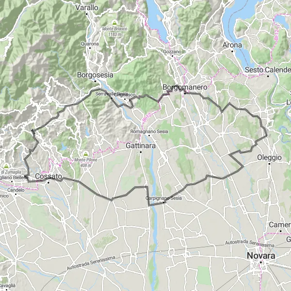 Karttaminiaatyyri "Montalbano - Serravalle Sesia Reitin polkupyöräily" pyöräilyinspiraatiosta alueella Piemonte, Italy. Luotu Tarmacs.app pyöräilyreittisuunnittelijalla