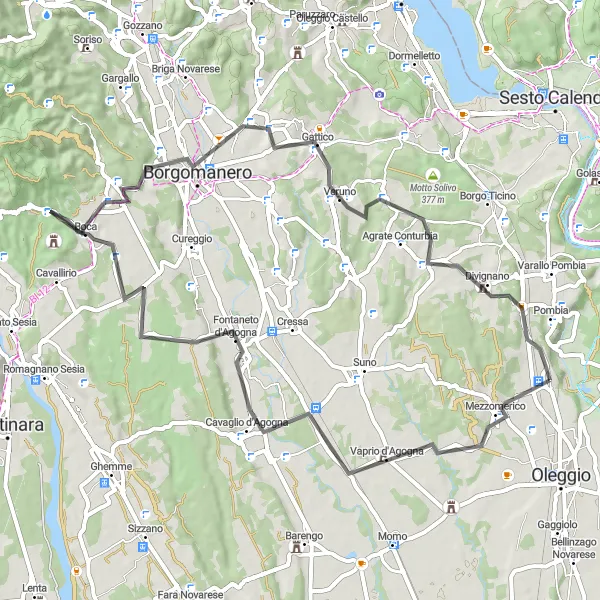 Miniaturní mapa "Okruhová cyklistická trasa od Marano Ticino" inspirace pro cyklisty v oblasti Piemonte, Italy. Vytvořeno pomocí plánovače tras Tarmacs.app