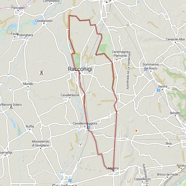 Mapa miniatúra "Cyklotrasa okolo Marene pro gravel bike" cyklistická inšpirácia v Piemonte, Italy. Vygenerované cyklistickým plánovačom trás Tarmacs.app