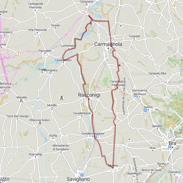 Mapa miniatúra "Marene - Castello Reale di Racconigi - Marene" cyklistická inšpirácia v Piemonte, Italy. Vygenerované cyklistickým plánovačom trás Tarmacs.app