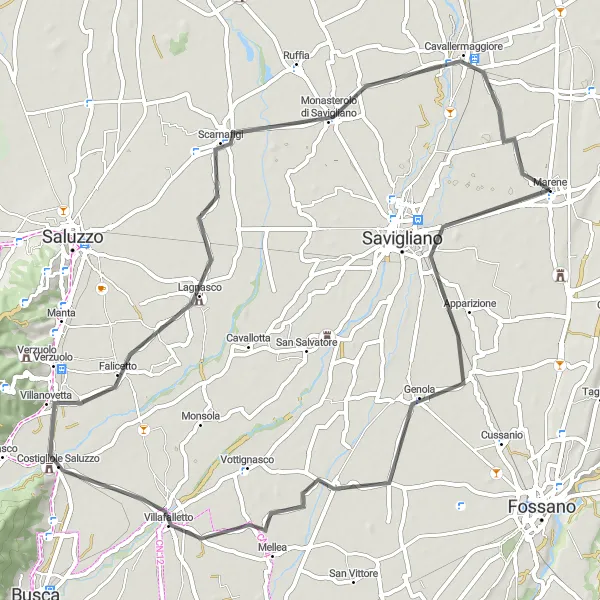 Karttaminiaatyyri "Kulttuurinen Maantiepyöräilyseikkailu" pyöräilyinspiraatiosta alueella Piemonte, Italy. Luotu Tarmacs.app pyöräilyreittisuunnittelijalla