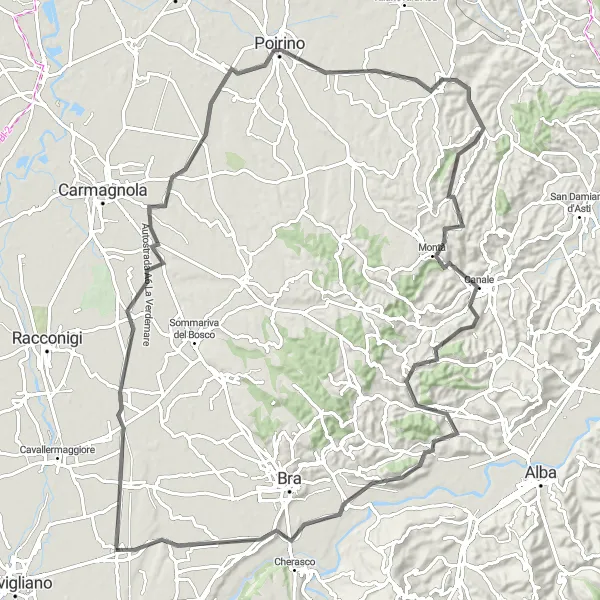 Zemljevid v pomanjšavi "Potovanje po vinorodni deželi Piemonte" kolesarske inspiracije v Piemonte, Italy. Generirano z načrtovalcem kolesarskih poti Tarmacs.app