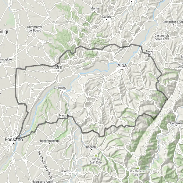 Map miniature of "The Langhe Hills Challenge" cycling inspiration in Piemonte, Italy. Generated by Tarmacs.app cycling route planner